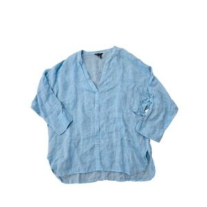 NIC+ZOE Linen Top Women's Small Blue 3/4 Sleeve Blouse‎ Tie Cuff Casual Linen